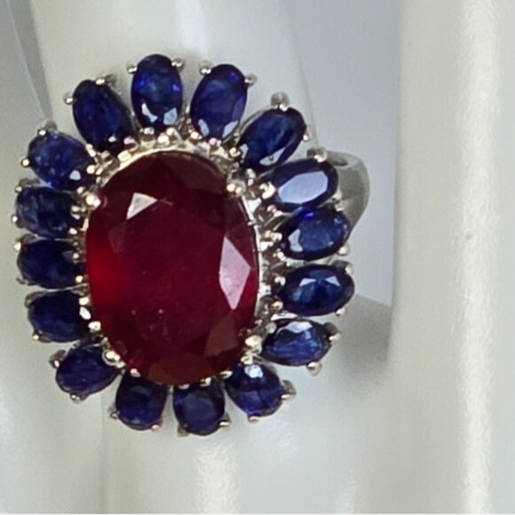 925 Sterling Silver Ring wirh Natural Ruby 10X14mm & Blue Sapphire Gems - Picture 7 of 11